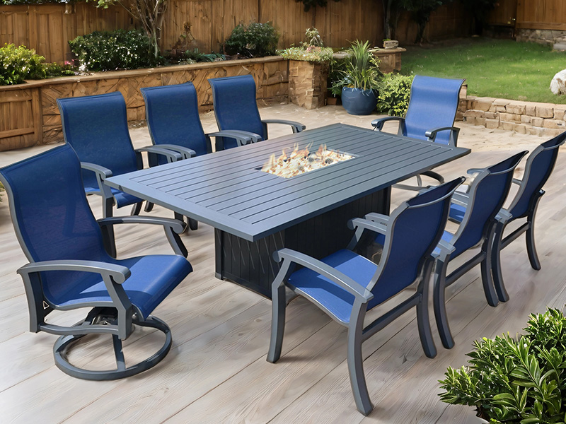 Chateau Aluminium utomhus med sele 9 delar matsalsset (90X47 in. Dining Fire Pit)